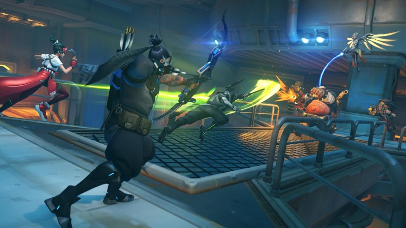 hanzo shoots arrows at roadhog in ow2