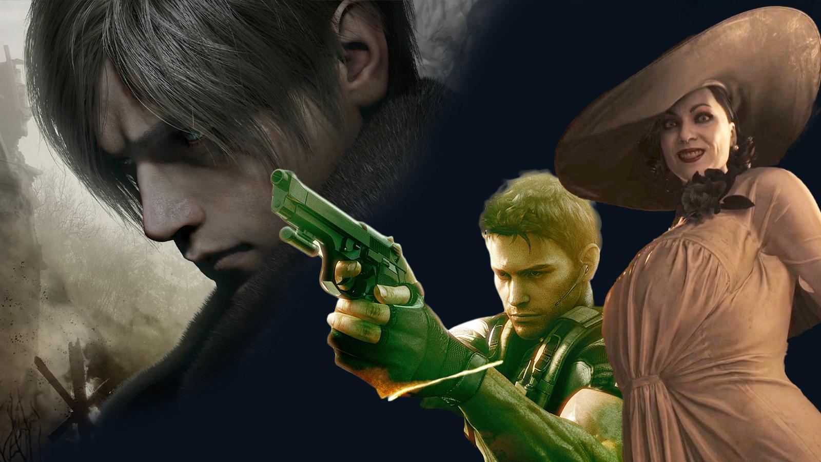 resident evil leon, chris and village villain Lady Dimitrescu in a collage