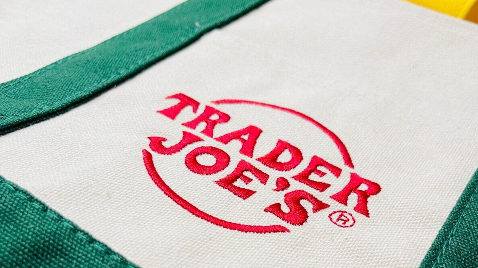 Close up of the Trader Joe's logo on a mini tote bag