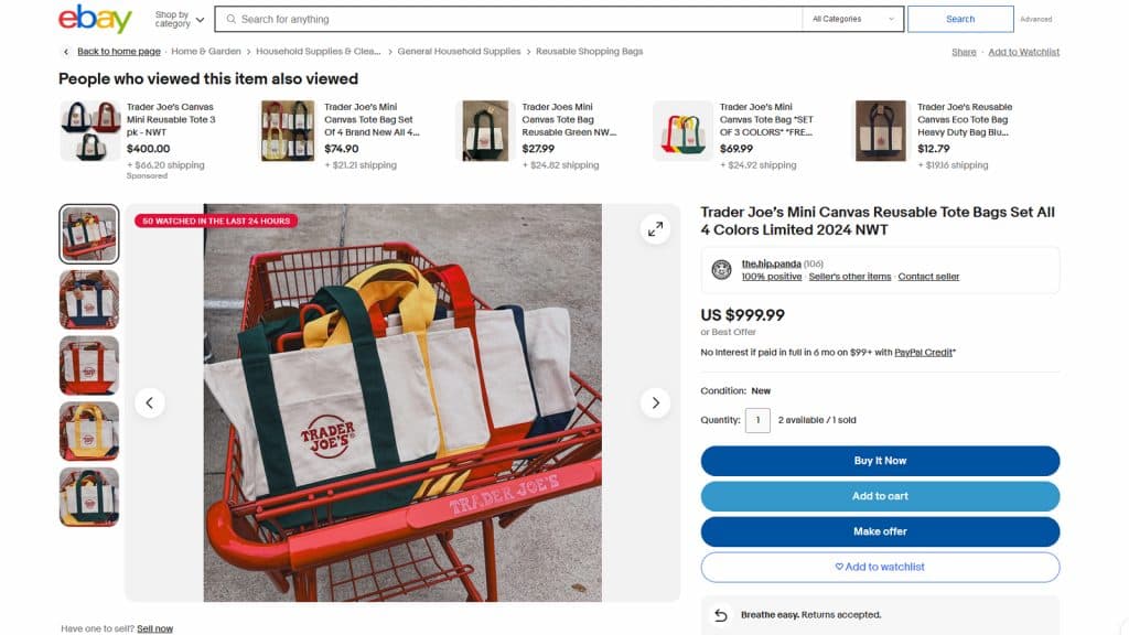 An ebay listing showing the Trader Joe's mini tote bags listed for $999 USD