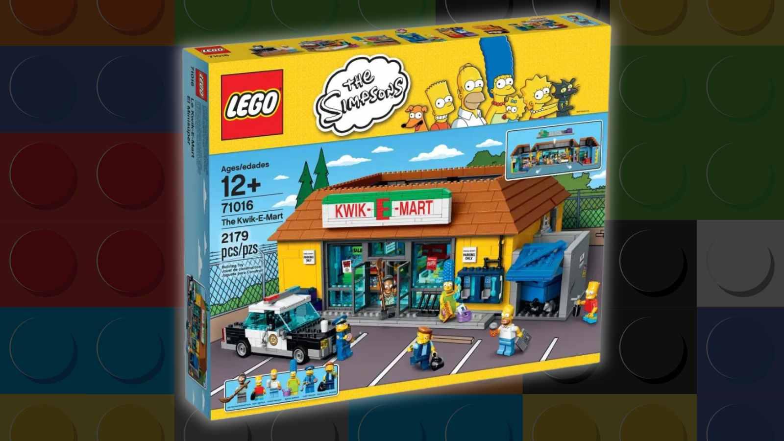 The LEGO The Simpsons Kwik-E-Mart on a LEGO background