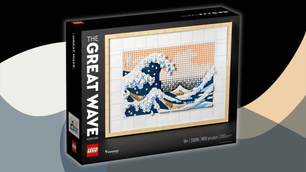 The LEGO Art Hokusai – The Great Wave on a black background with wave graphic