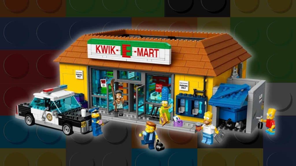 The LEGO The Simpsons Kwik-E-Mart on a LEGO background