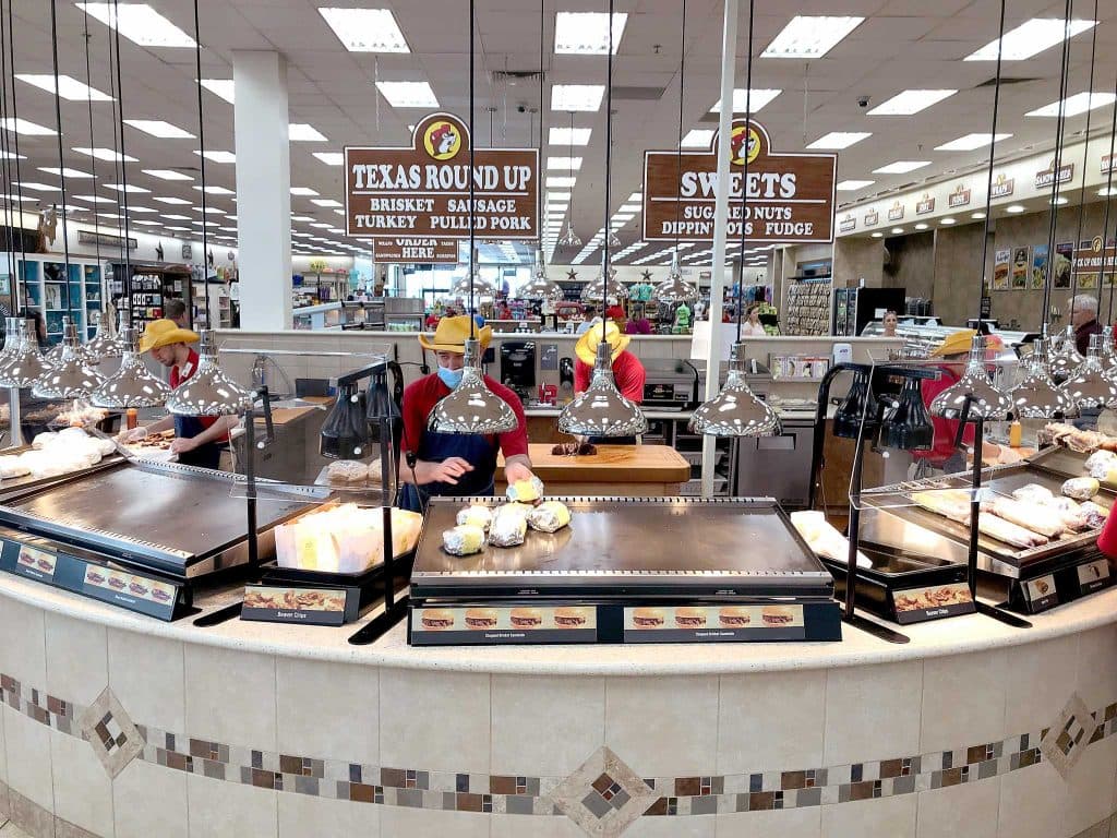A photo of a food serving counter at Buc-ee's gas station.