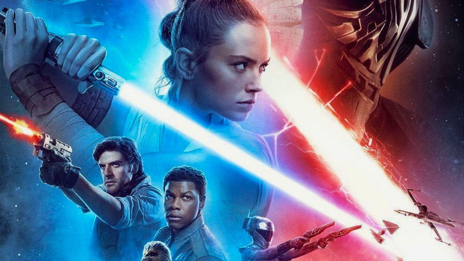 The Rise of Skywalker poster, featuring Daisy Ridley as Rey, Adam Driver as Kylo Ren, Oscar Isaac as Poe Dameron, and John Boyega as Finn.