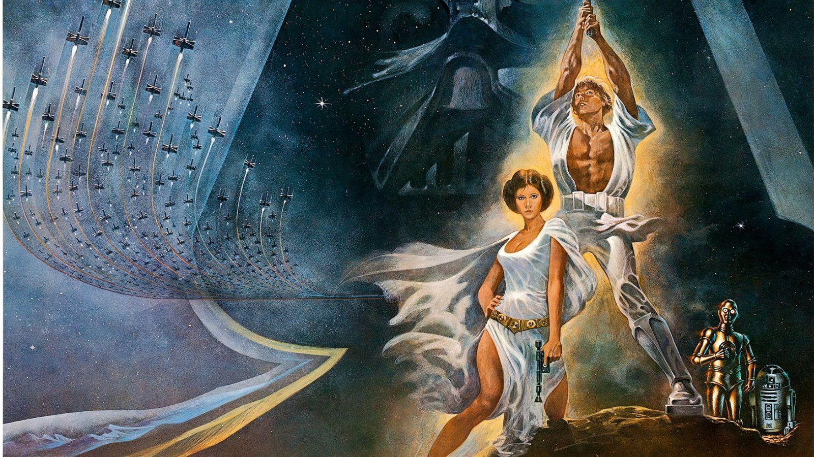 The Star Wars A New Hope poster. Luke Skywalker raises his lightsaber in the air.