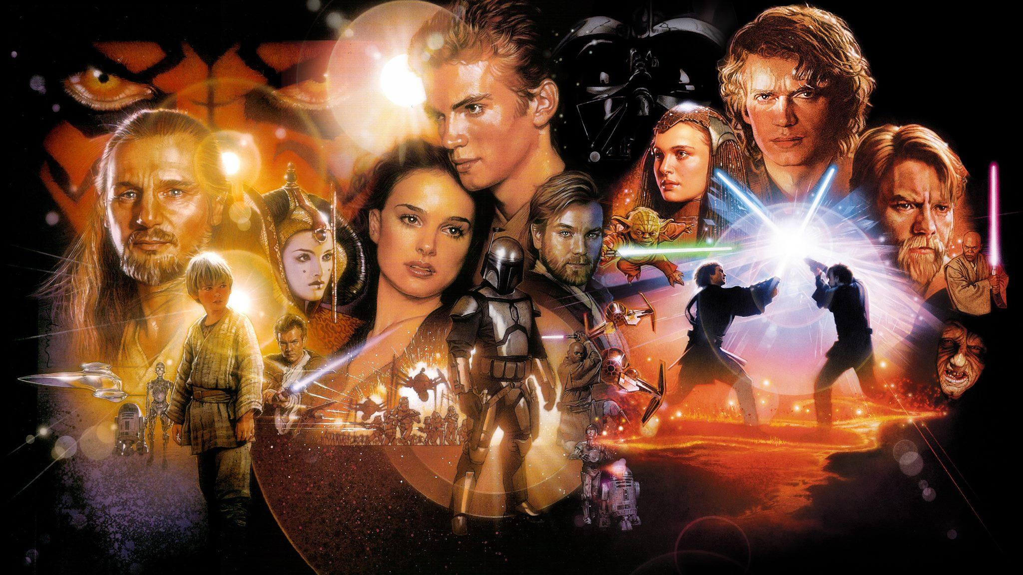 A graphic that combines the three posters from the Star Wars prequel trilogy, featuring Anakin and Padme at the centre.