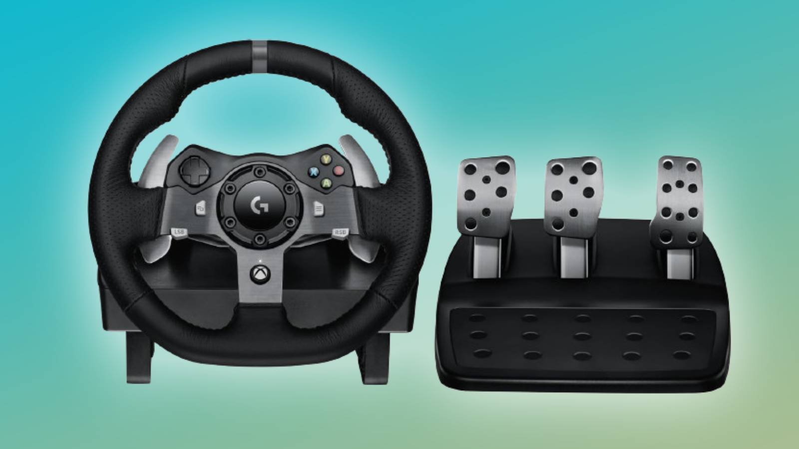 Image of the Logitech G920 Driving Force Racing Wheel and Floor Pedals on a green background.