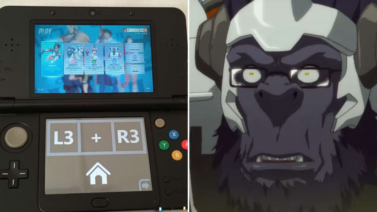 overwatch 2 running on nintendo 3ds with winston looking shocked