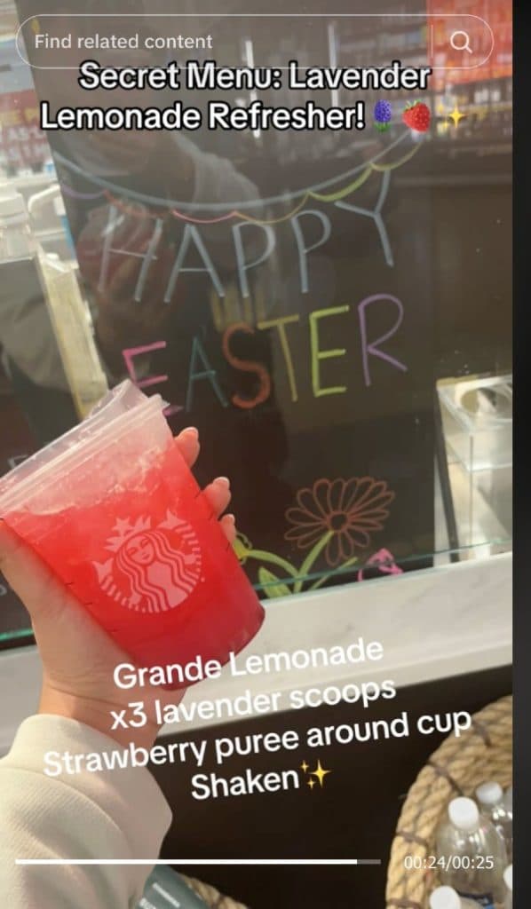 "A photo of a Starbuck's drink recipe from a TikTok saying, "grande