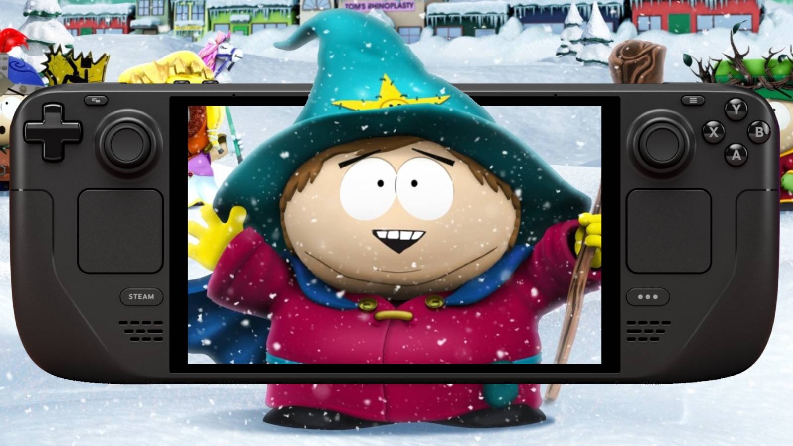 Image of Eric Cartman on the screen of a Steam Deck.