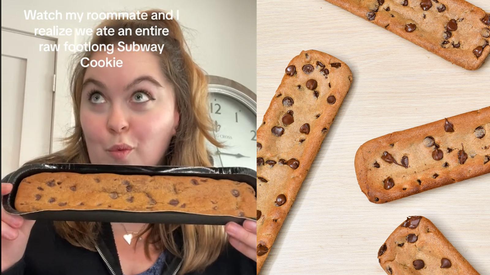The TikTok user @jcmillmill alongside a Subway Footlong cookie