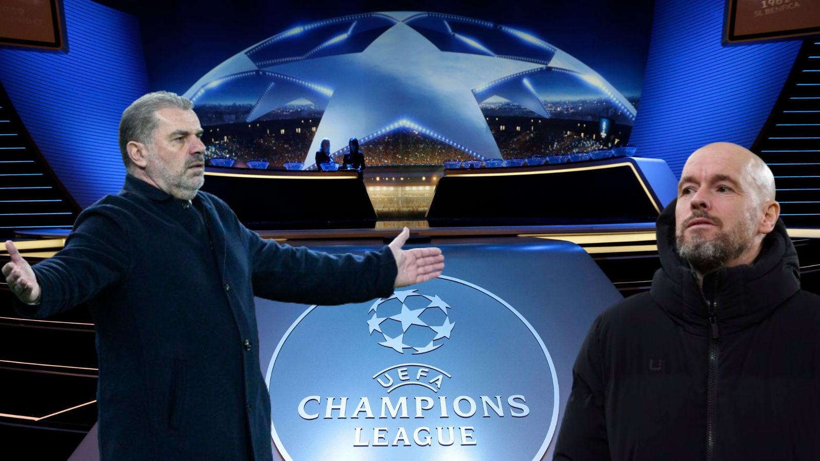 Ange Postecoglou and Erik ten Hag look on at the Champions League draw being made