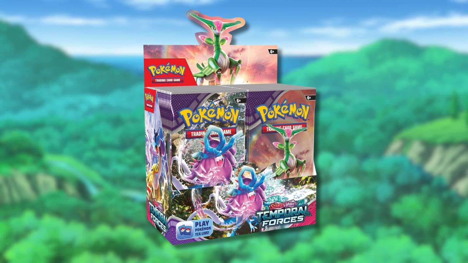 Temporal Forces Booster Display with Pokemon anime forest background.