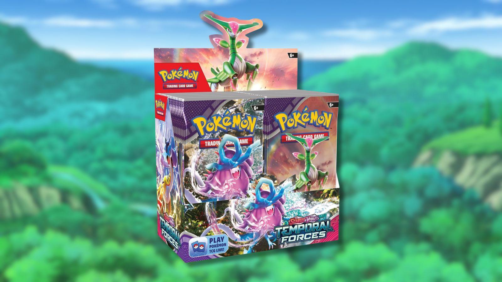 Temporal Forces Booster Display with Pokemon anime forest background.