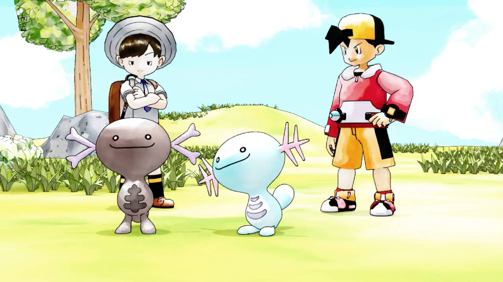 A Pokemon fan project shows a 3D game using the original watercolor style of Ken Sugimori. Two Pokemon trainers stand by while their Wooper play