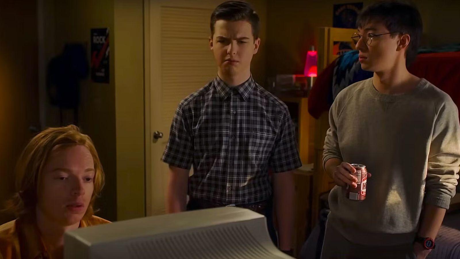 Sheldon and his college roommates in Young Sheldon Season 7.