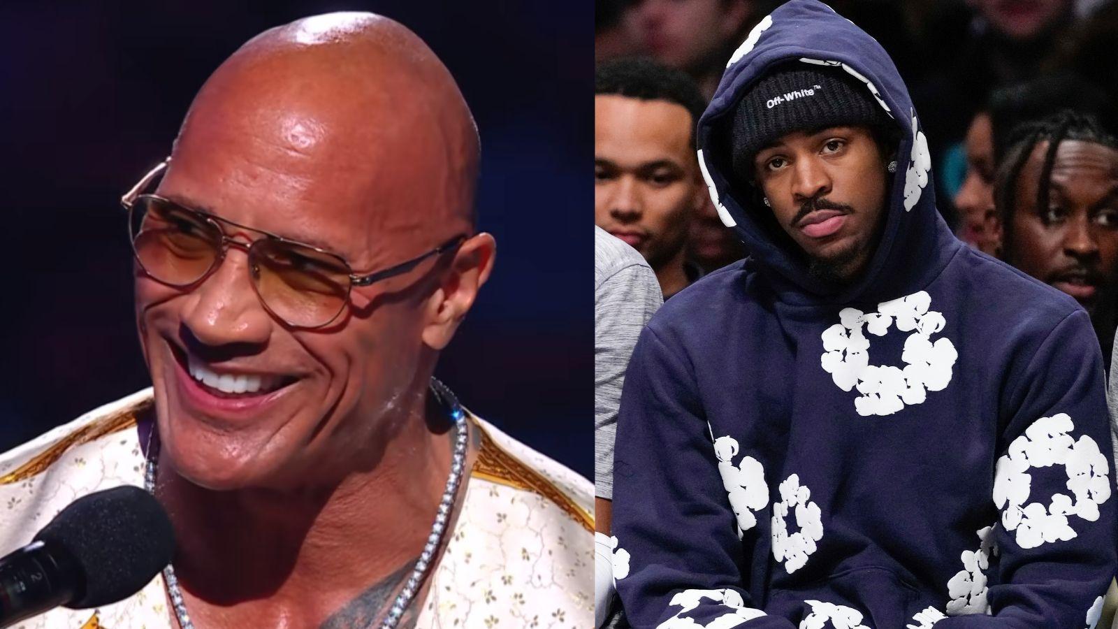 Dwayne "The Rock" Johnson during WWE Smackdown on 3/15 (left) and Ja Morant on the bench as a member of the Memphis Grizzlies (right).