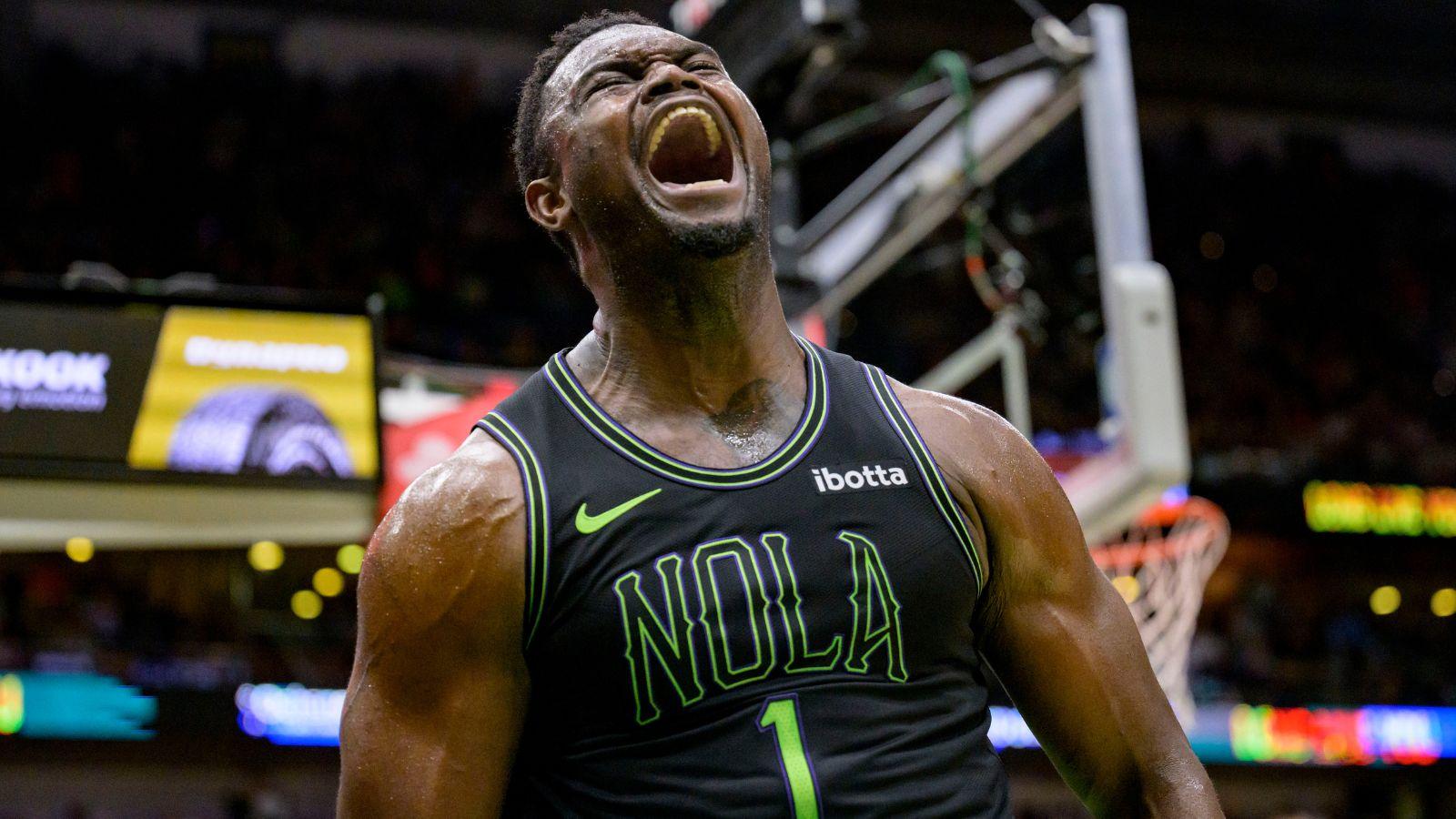 Zion Williamson celebrates as a member of the New Orleans Pelicans.