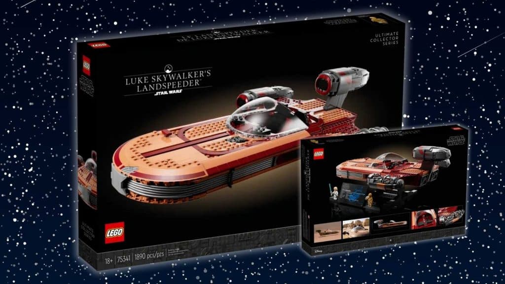 The front and rear of the LEGO Star Wars Luke Skywalker’s Landspeeder set's box on a galaxy background
