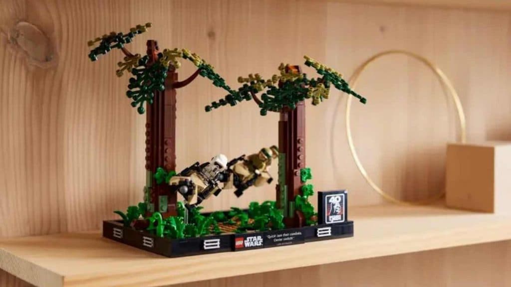 The LEGO Star Wars Endor Speeder Chase Diorama on display
