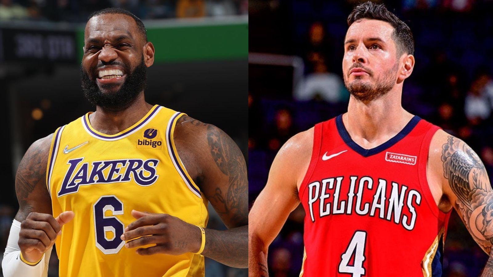 LeBron James as a member of the Los Angeles Lakers (left) and JJ Redick as a member of the New Orleans Pelicans (right).