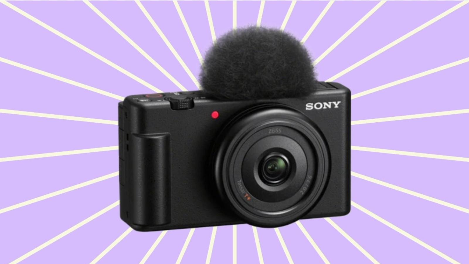 Sony ZV-1F vlogging camera against a cartoonish background