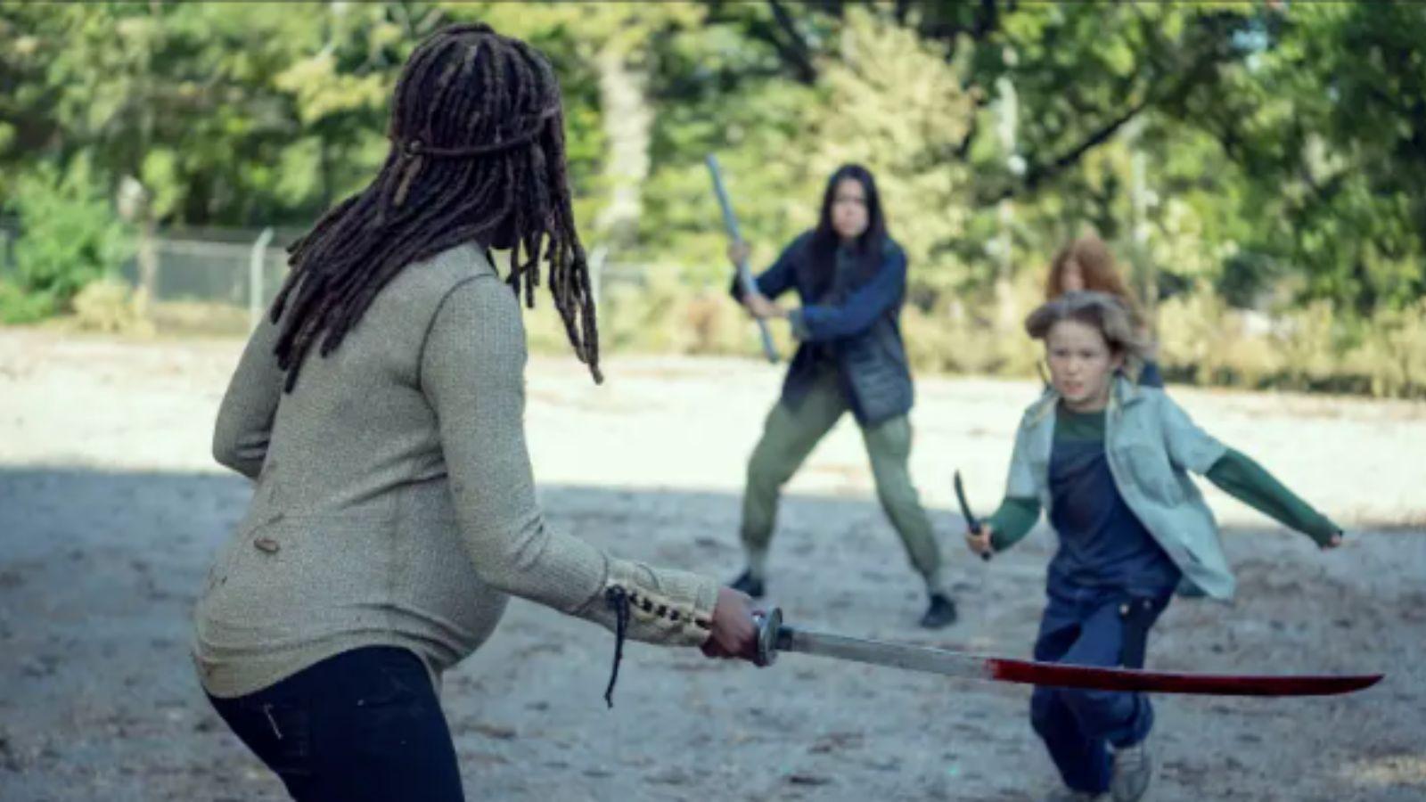 Michonne fights Jocelyn's kids in The Walking Dead Season 9 Episode 14.