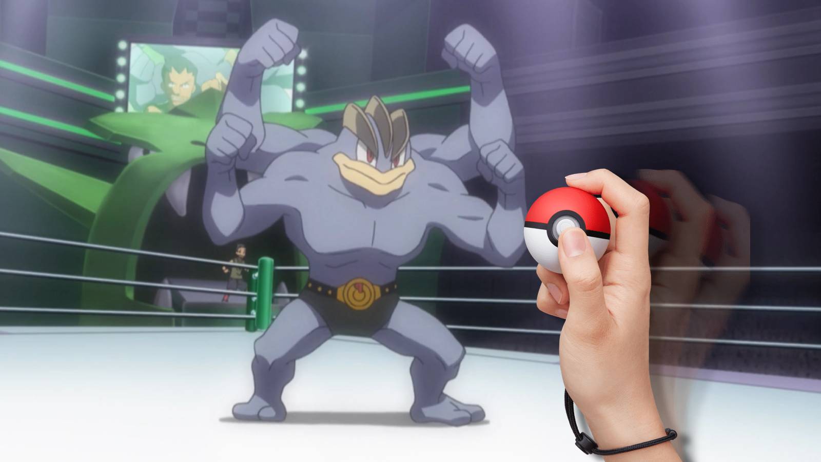 A Machamp stands in a boxing ring, while a hand appears to throw a Poke ball at it