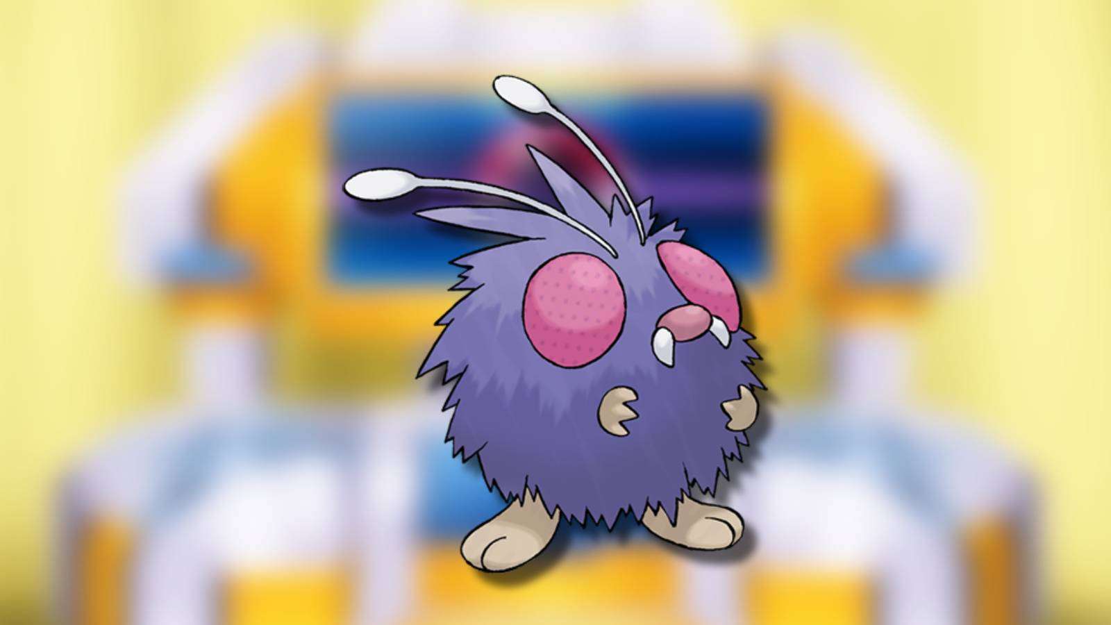 The Pokemon Venonat appears against a blurred background