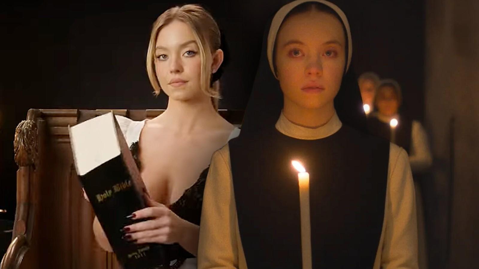 Sydney Sweeney reading the Bible and a still from Immaculate