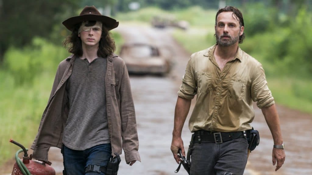 Chandler Riggs and Andrew Lincoln as Rick and Carl in The Walking Dead