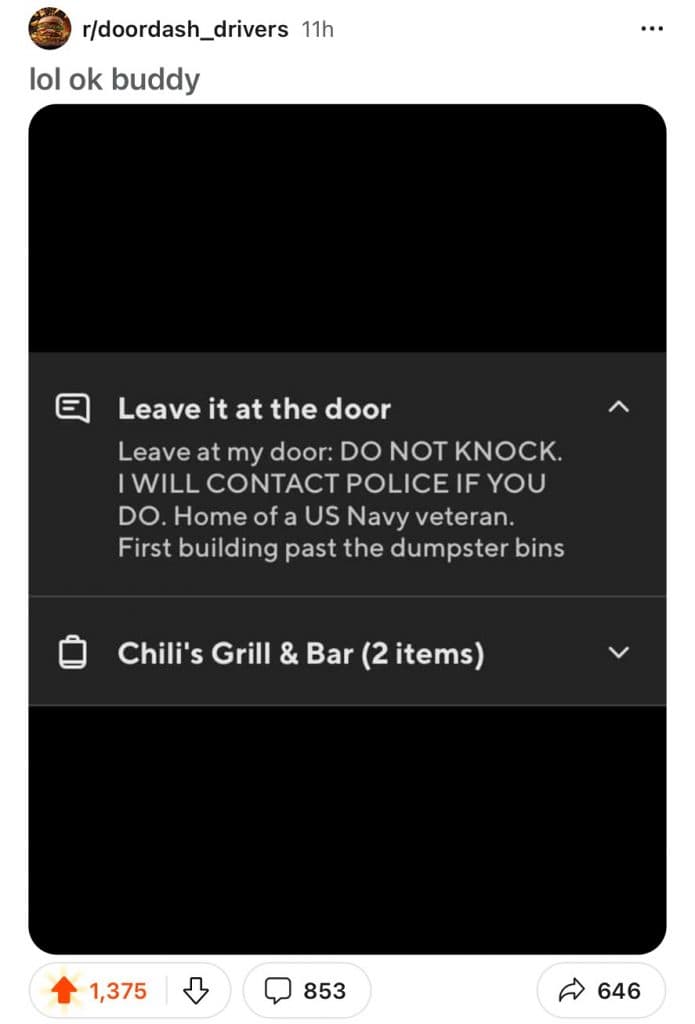 A DoorDash order with a request to leave the food at the door or the customer will phone the police