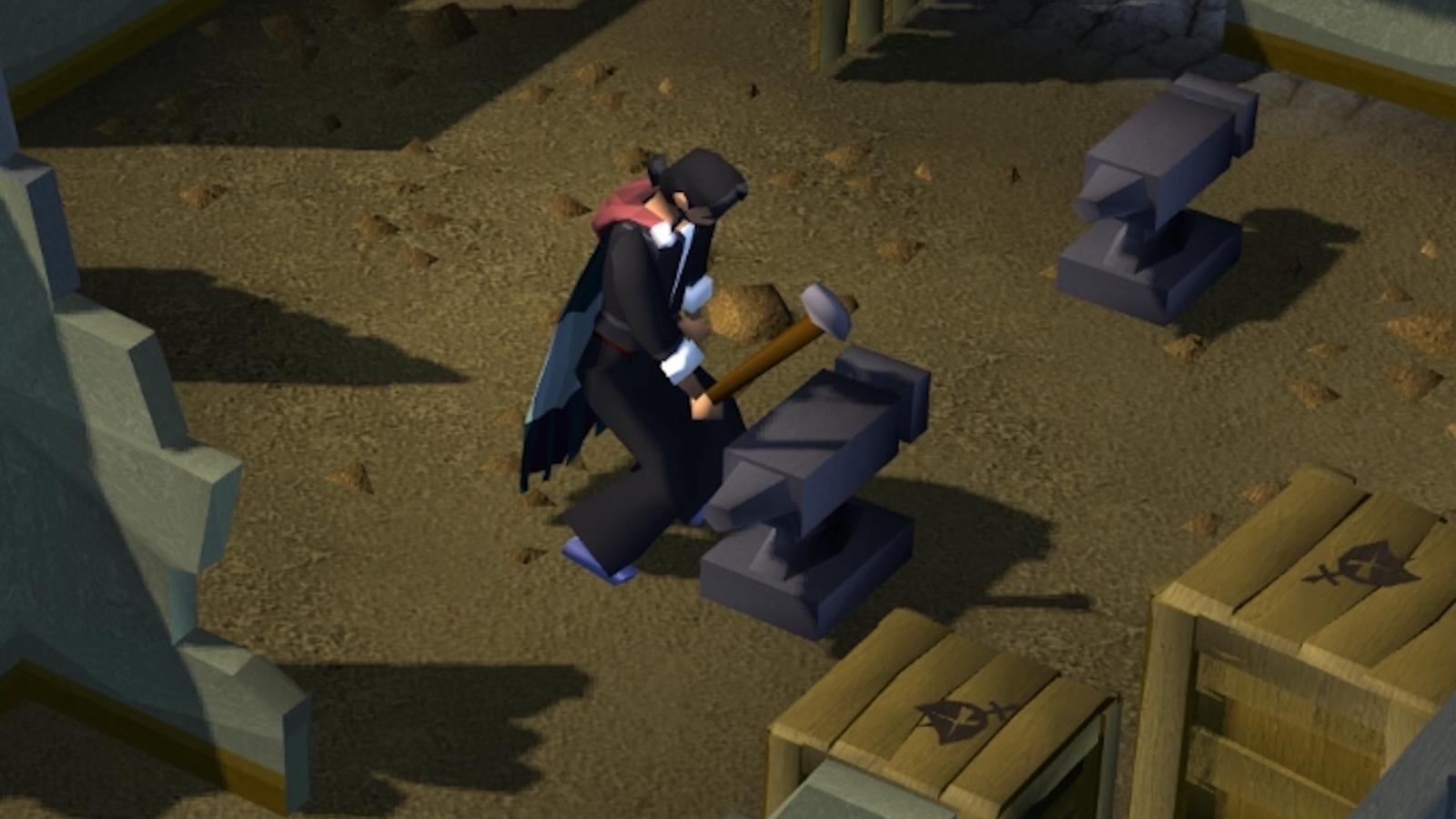 Character smithing at Varrock anvil in Old School RuneScape.