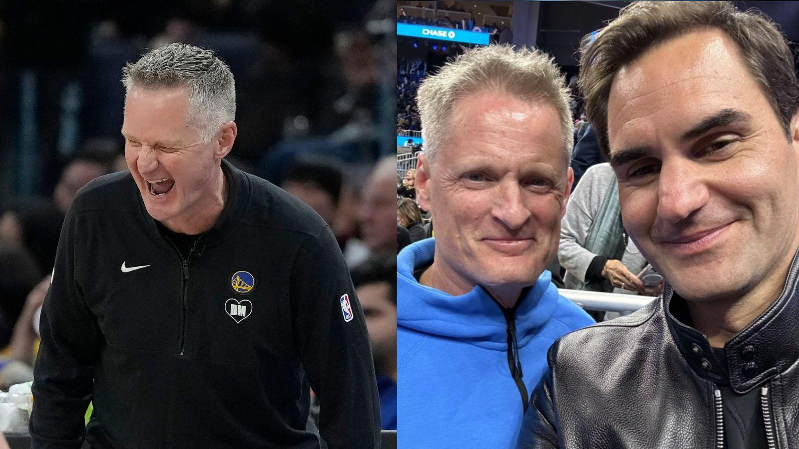 Steve Kerr (left) as head coach of the Golden State Warriors and Steve Gillis and Roger Federer (right) posing for a selfie at a Warriors game on March 9.