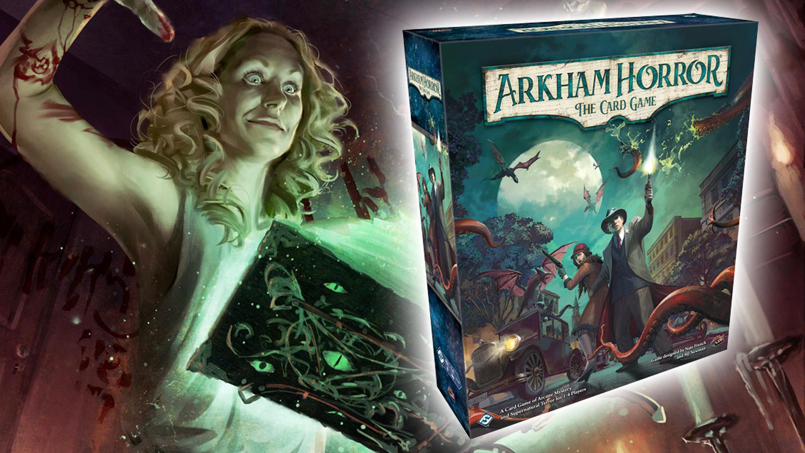 arkham horror the card game art with the box overlayed