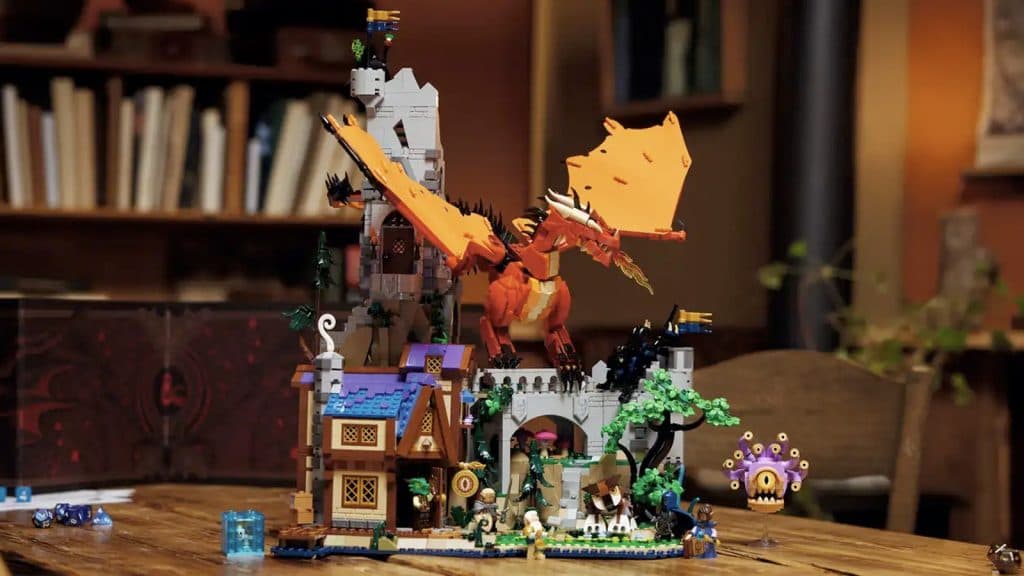 D&D LEGO set on a table, dragon on top