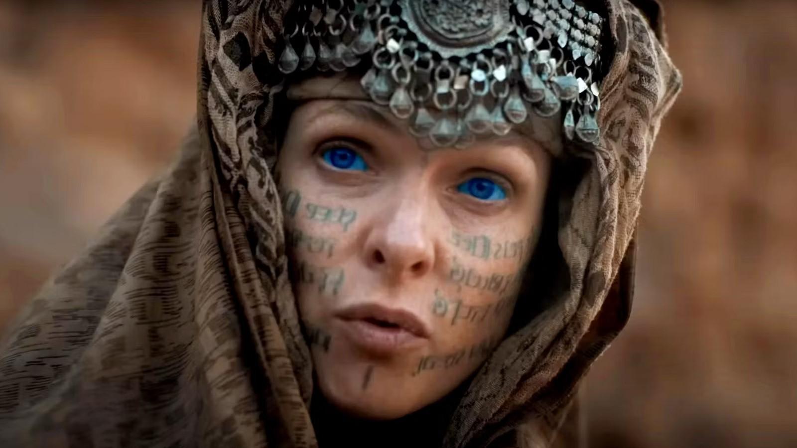 Rebecca Ferguson as Lady Jessica in Dune 2, with writing across her face