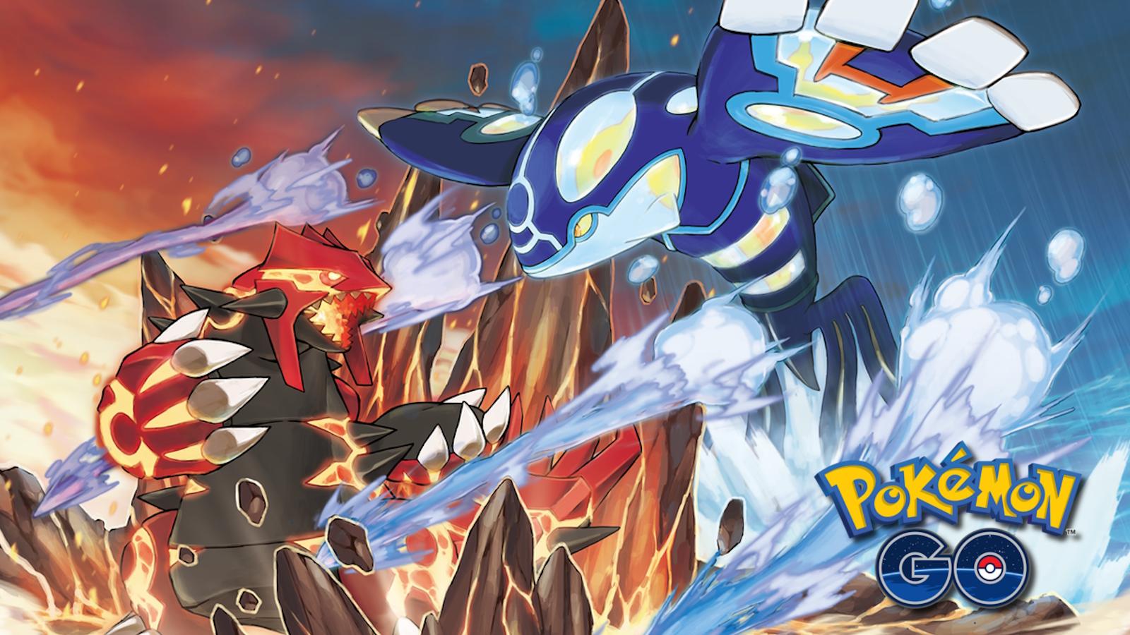 Primal Groudon and Primal Kyogre battling each other.