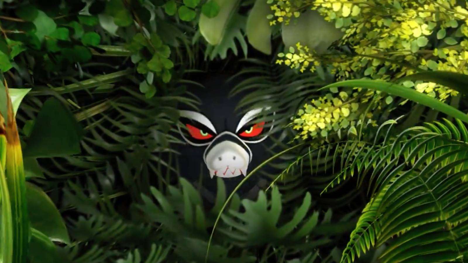 The Pokemon Zarude peers through a jungle bush