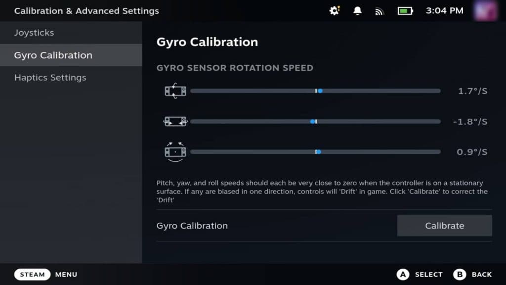 Screenshot of the Steam Deck gyro control settings.