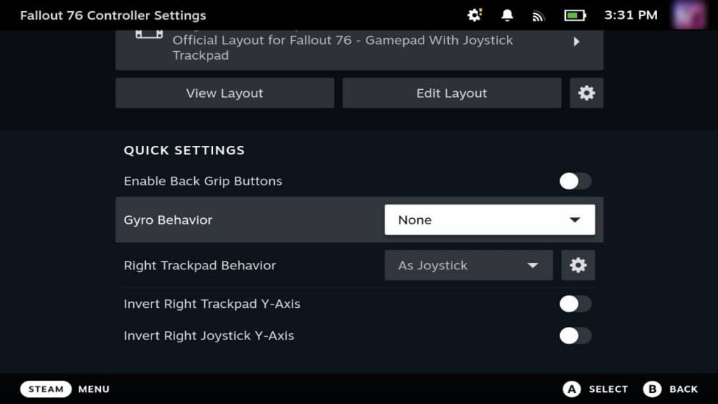 Screenshot of the Steam Deck controller settings.