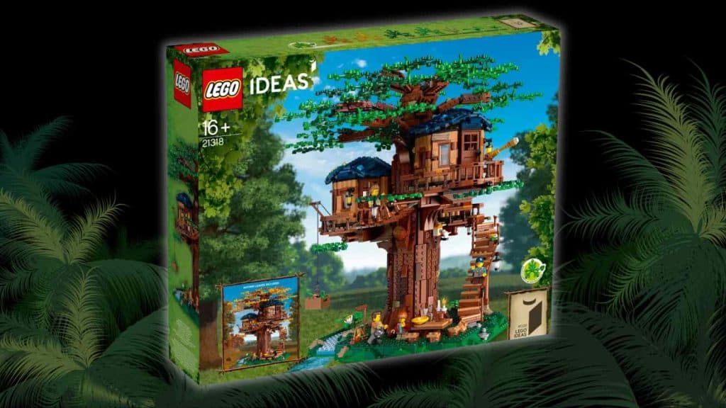 The LEGO Ideas Tree House on a black background with fern graphic