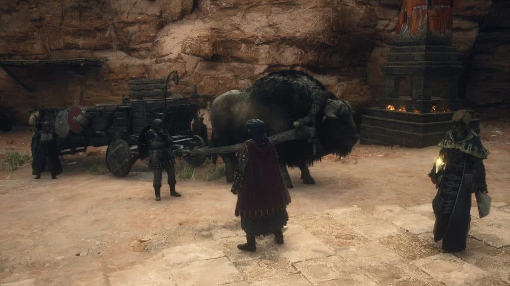 Oxcart in desert in Dragon's Dogma 2