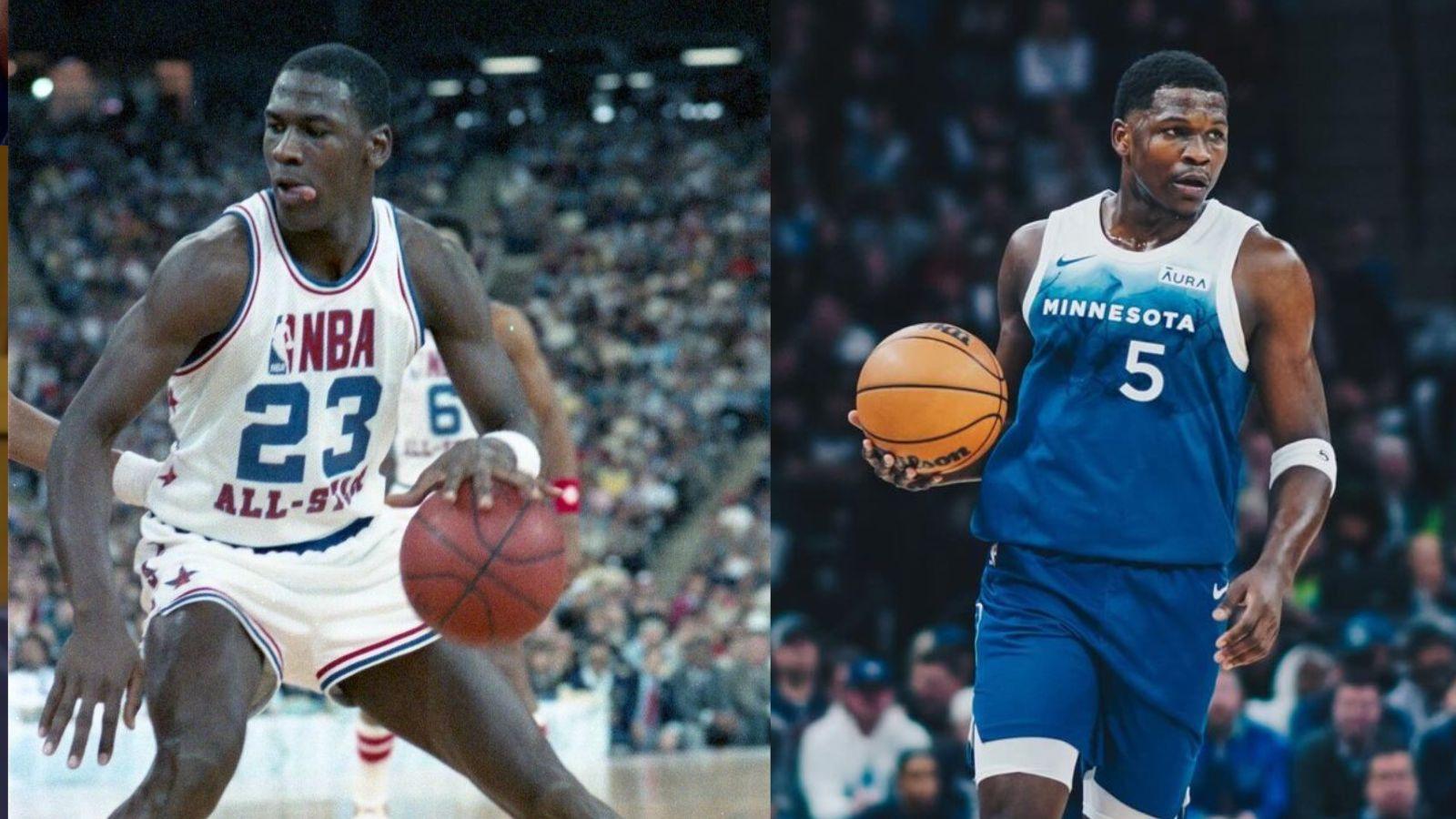 Michael Jordan as an NBA All-Star in 1985 (left) and Anthony Edwards as a member of the Minnesota Timberwolves (right).