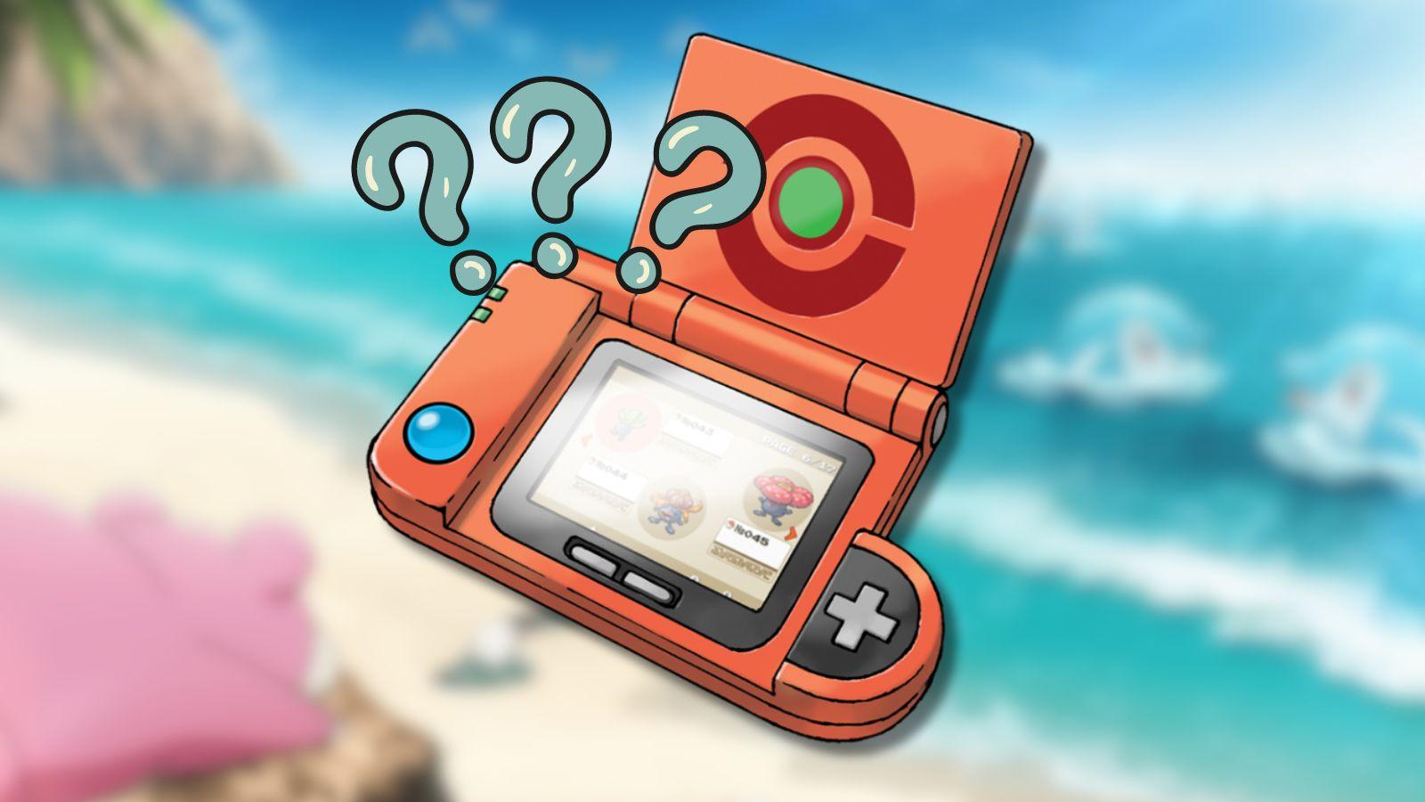 Pokedex with question marks and beach background.