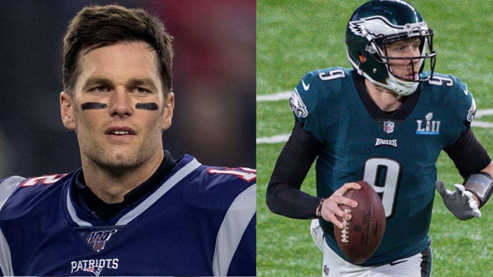 Tom Brady as a member of the New England Patriots (left) and Nick Foles as a member of the Philadelpia Eagles (right).