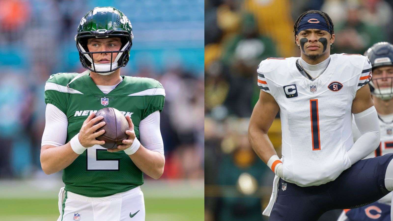 Zach Wilson as a member of the New York Jets (left) and Justin Fields as a member of the Chicago Bears (right).