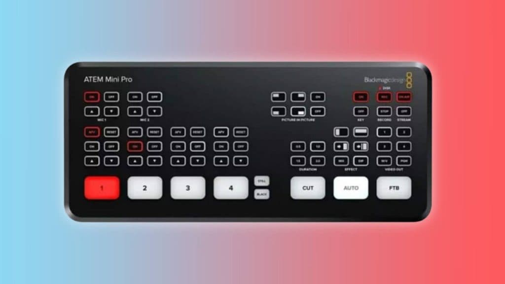 Image of the Blackmagic Design ATEM Mini Pro on a blue and red background.