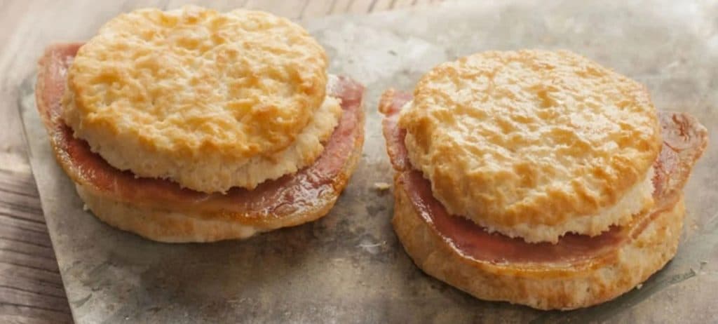 Two country ham biscuits from Bojangles